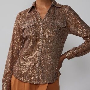Ultra Pink bronze sequin snap button up shirt